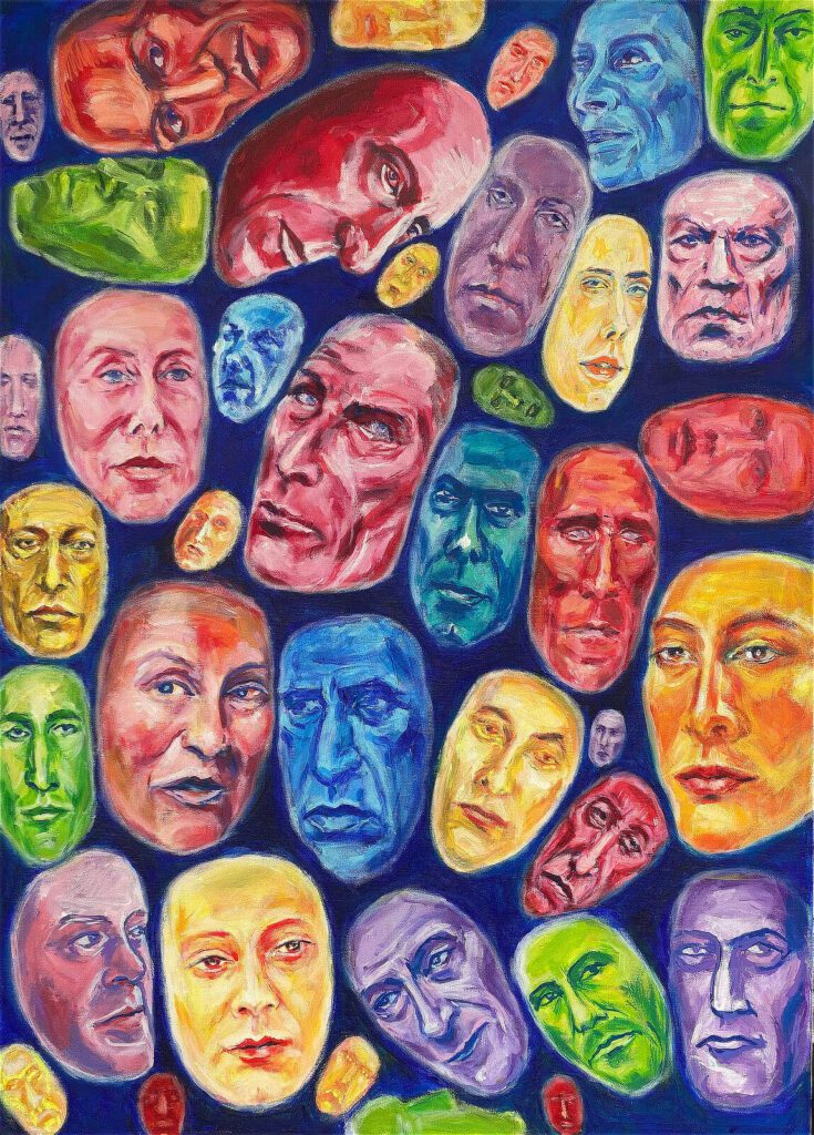 Akrylový obraz s výraznými tvárami, zdôrazňujúci osobitosť, jedinečnosť a stopy ľudských príbehov.