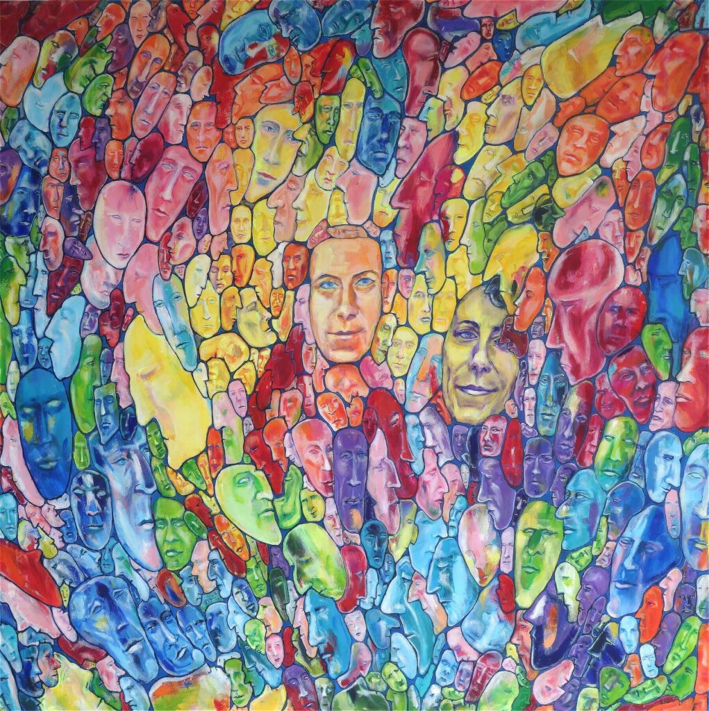 Autoportrét – akrylový obraz s mnohými tvárami v jednom celku