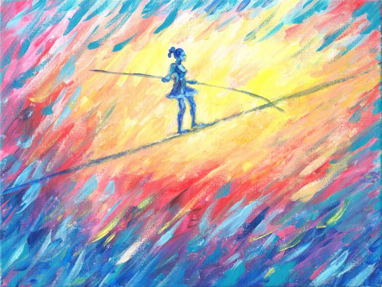 Akrobatka kráča po lane v žiarivom abstraktnom priestore plnom ružových, modrých a zlatých ťahov.