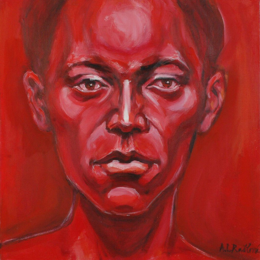 Akrylový obraz štyroch farebne odlíšených tvárí, pracujúci s témou identity, predsudkov a symboliky farieb.