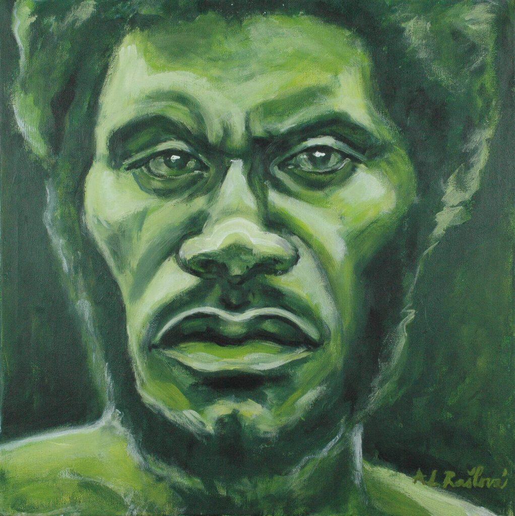 Akrylový obraz štyroch farebne odlíšených tvárí, pracujúci s témou identity, predsudkov a symboliky farieb.