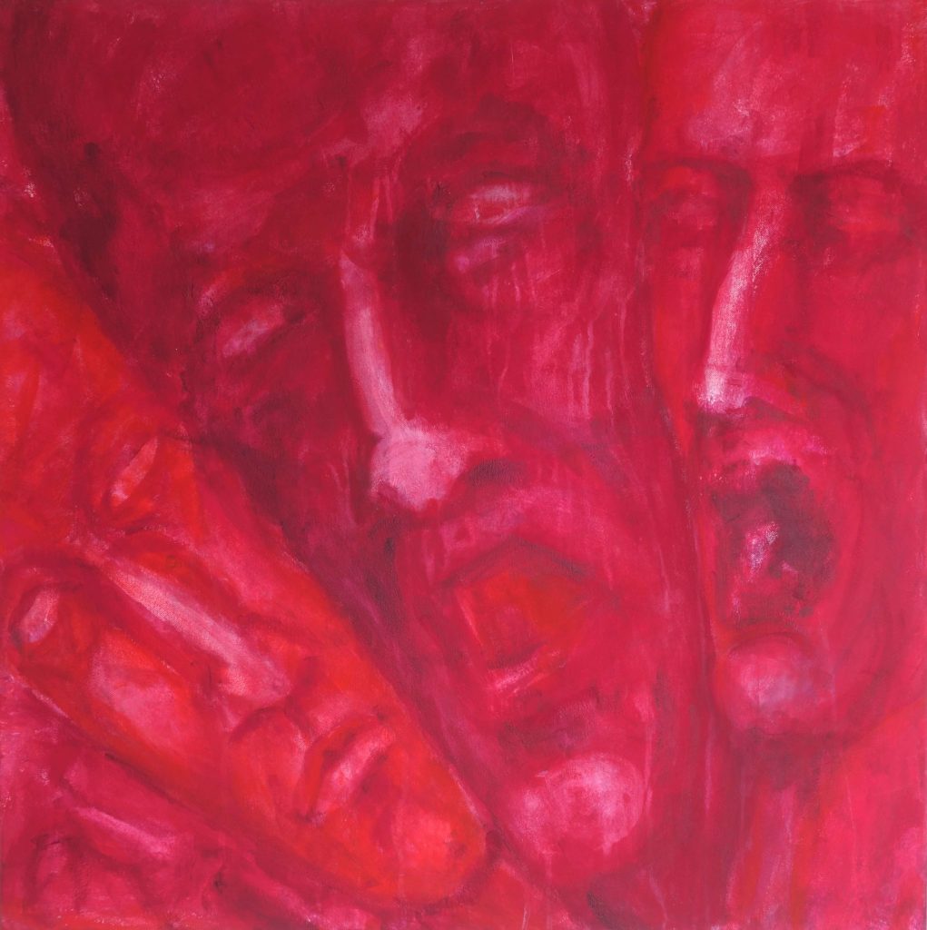 Expresívny obraz Nemý výkrik, zobrazený v červených tónoch, vyjadrujúci vnútorný boj a nevypovedané emócie.