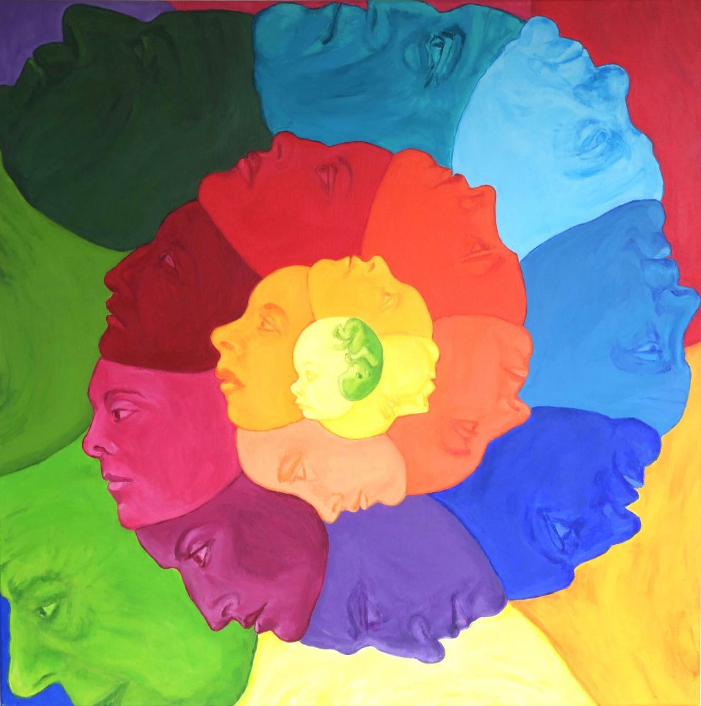 Farebný abstraktný obraz Špirála času znázorňujúci cyklus zrodu, zániku a večného kolobehu života.