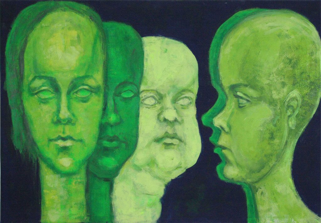 Akrylový obraz štyroch zelených tvárí v rôznych uhloch pohľadu.
