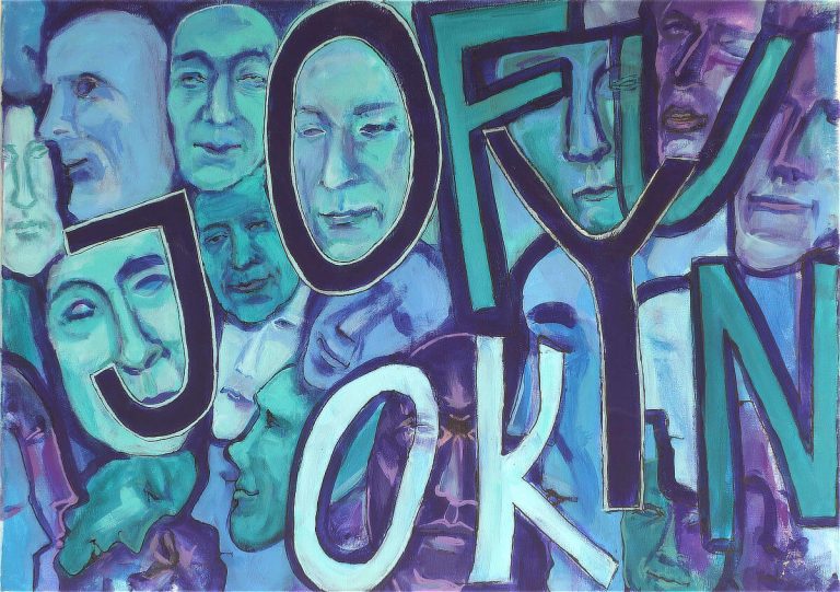 Falošná pozitivita – autorský obraz tvárí v modrých a tyrkysových tónoch s nápismi JOY, OK a FUN