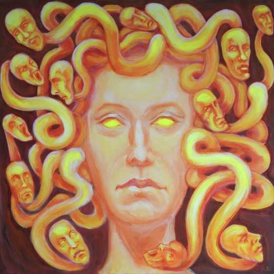 Maľba Medúza – ženská tvár so žiariacimi očami, obklopená hadmi zakončenými ľudskými tvárami - pohyb pomocou AI
