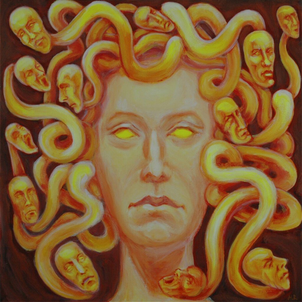 Medúza – akrylový obraz s centrálnou tvárou obklopenou dynamickými tvarmi pripomínajúcimi hady, symbolizujúci tlak systému a stratu slobody.