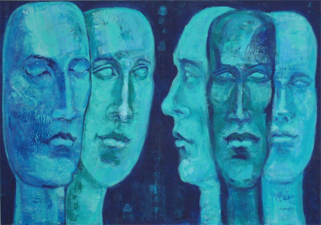 Akrylový obraz piatich modrých tvárí usporiadaných vedľa seba a oproti sebe.