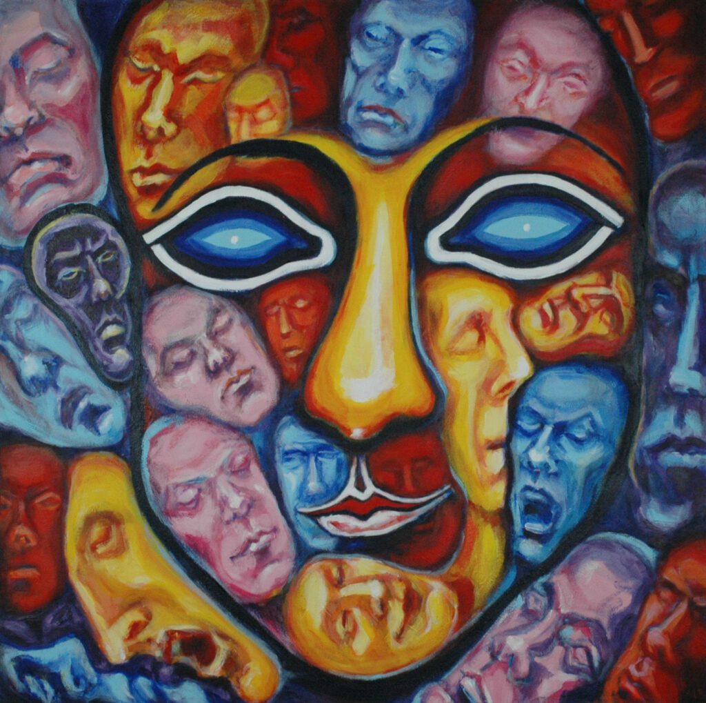 Akrylový obraz jednej tváre zloženej z množstva ďalších tvárí, symbolizujúci vrstvy identity a nevedomé dedičstvo.