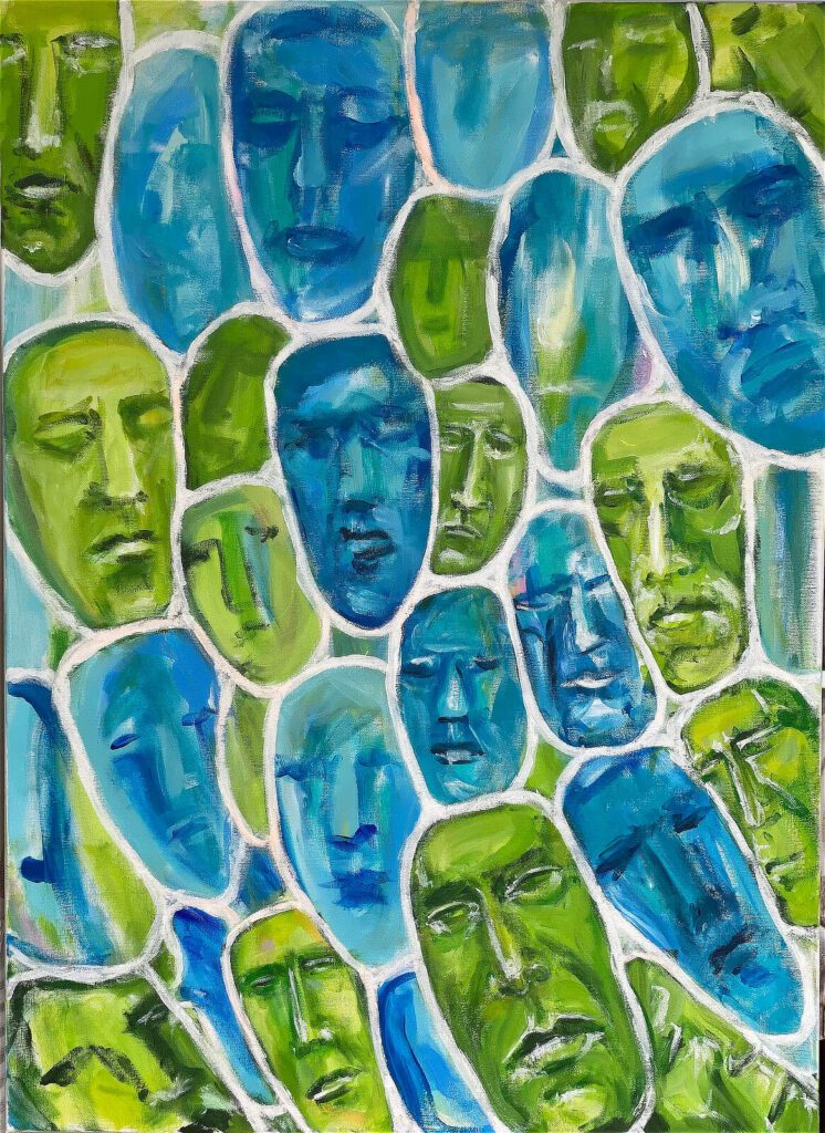 Modrý svet – akrylový obraz s množstvom modrých tvárí, evokujúci anonymitu, kontrolu a orwellovskú atmosféru.