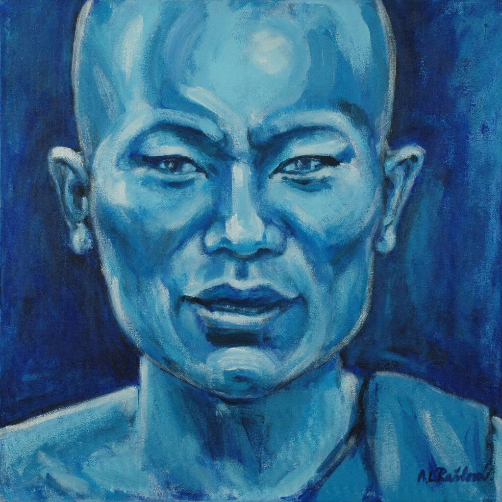 Akrylový obraz štyroch farebne odlíšených tvárí, pracujúci s témou identity, predsudkov a symboliky farieb.