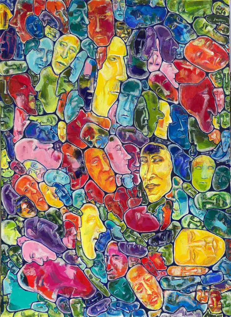 Akrylový obraz, ktorý pôsobí ako farebný celok, no pri bližšom pohľade odhaľuje množstvo jednotlivých tvárí.