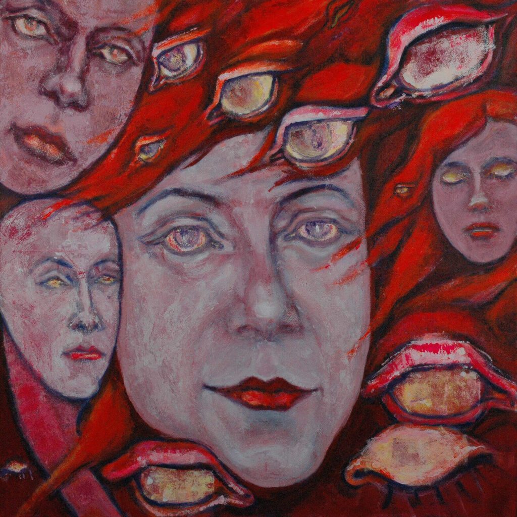 Akrylový obraz s mnohými tvárami a výraznými očami, symbolizujúci sledovanie, algoritmy a neviditeľný dohľad.