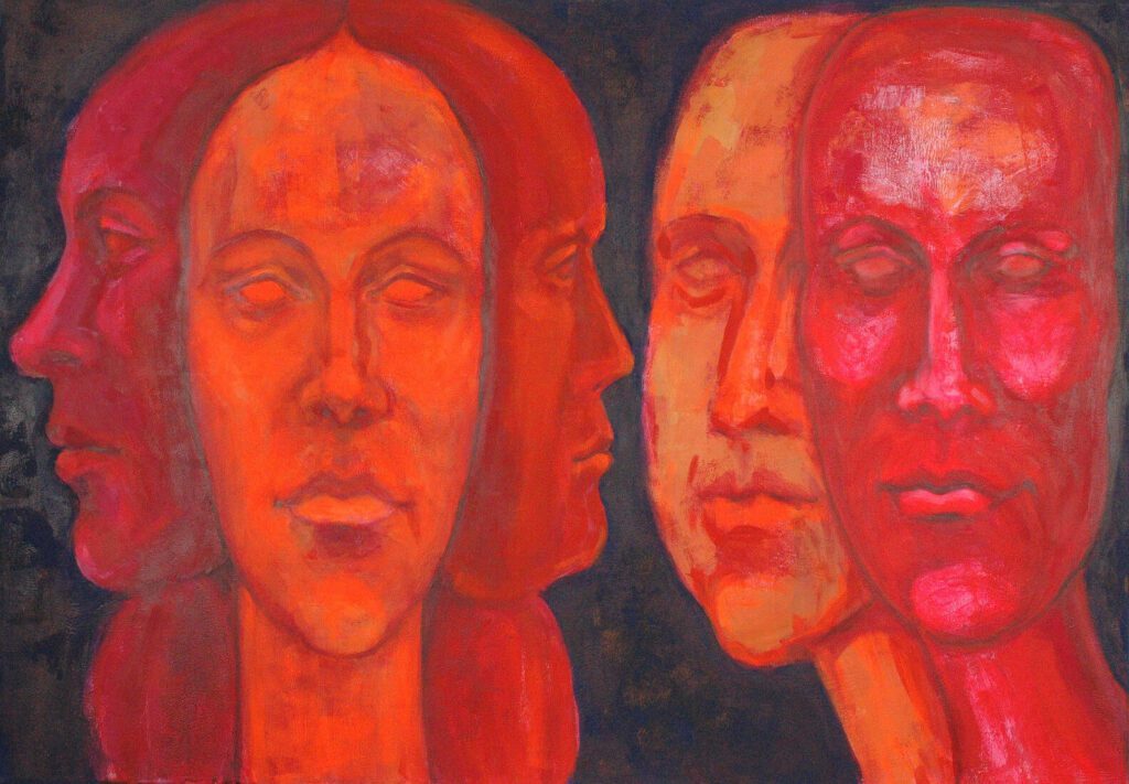 Akrylový obraz viacerých červených a oranžových ženských tvárí v jednom celku.