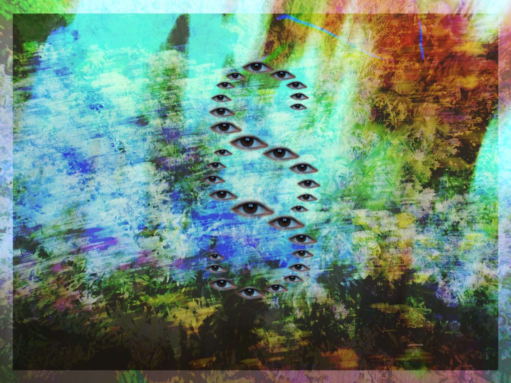 Abstraktná koláž s mnohými očami, symbolizujúca paragraf, zákon.