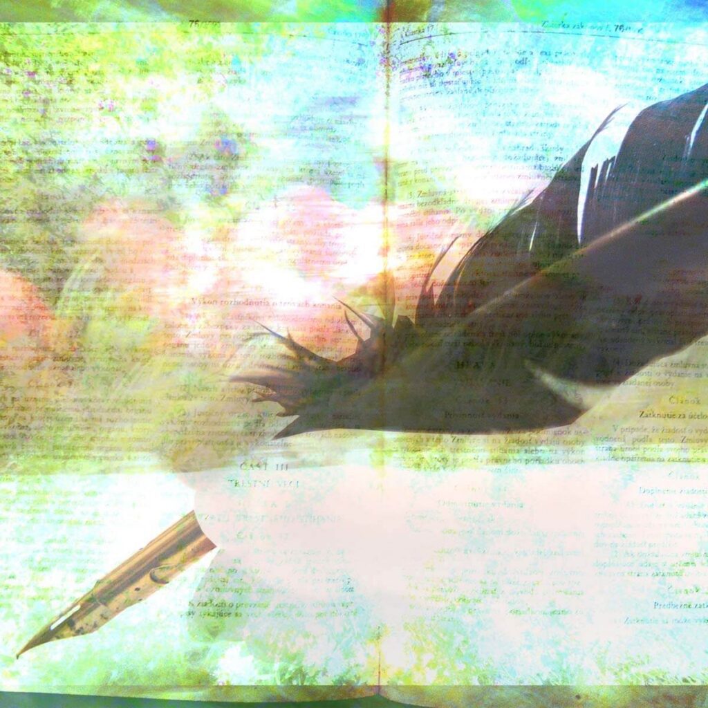 Ilustrácia k súHLAS - výrez z autorskej fotokoláže s rukou píšucou brkom zákon